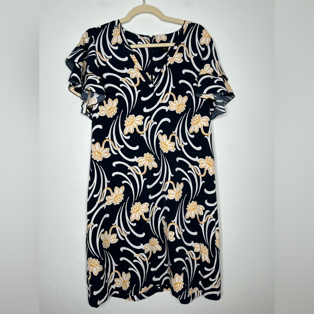 Ann Taylor Navy Sheath Dress with Yellow and White Floral Print Size 12 Spring